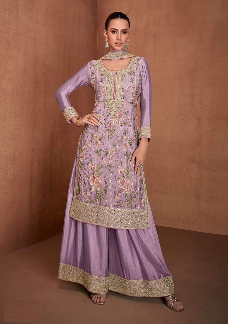 Purple Embroidered Silk Salwar Kameez - Indya