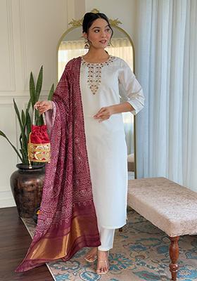 Off White Embroidered Silk Salwar Kameez
