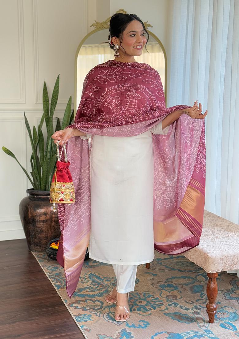 Off White Embroidered Silk Salwar Kameez