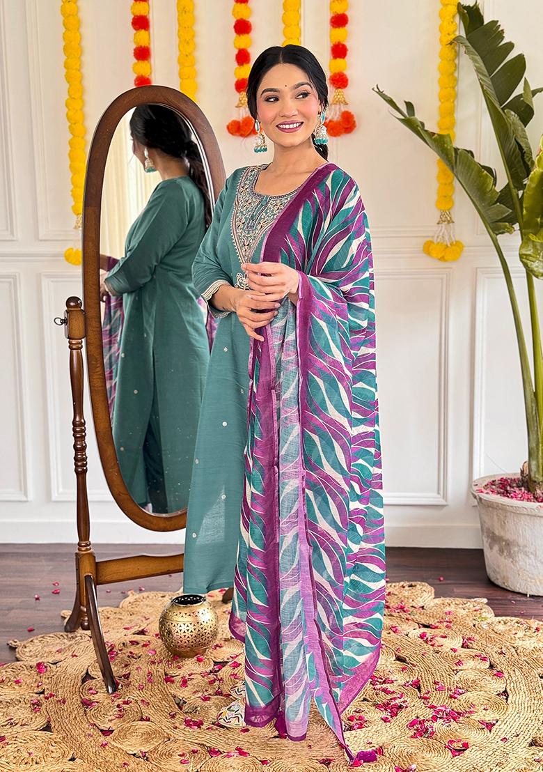 Teal Blue Embroidered Viscose Salwar Kameez