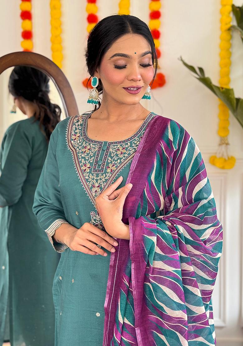 Teal Blue Embroidered Viscose Salwar Kameez