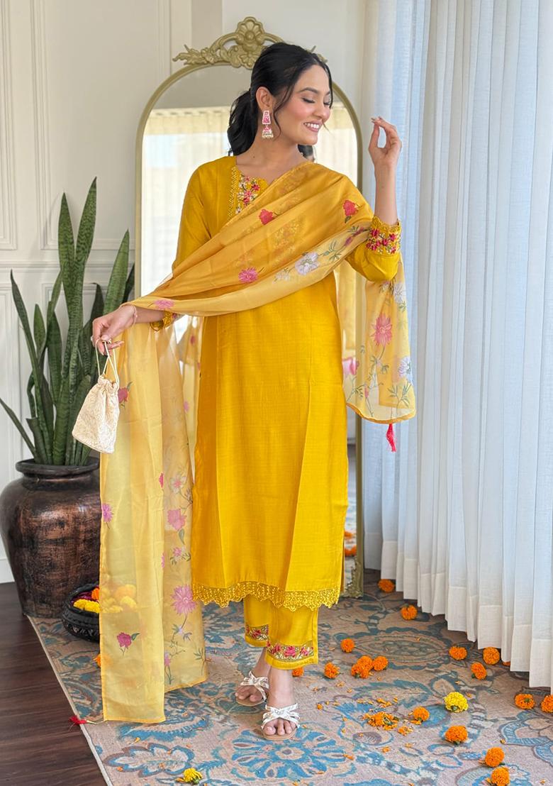 Yellow Embroidered Silk Salwar Kameez