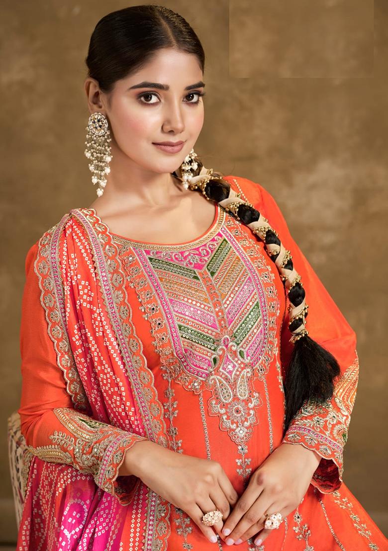 Orange Embroidered Silk Salwar Kameez