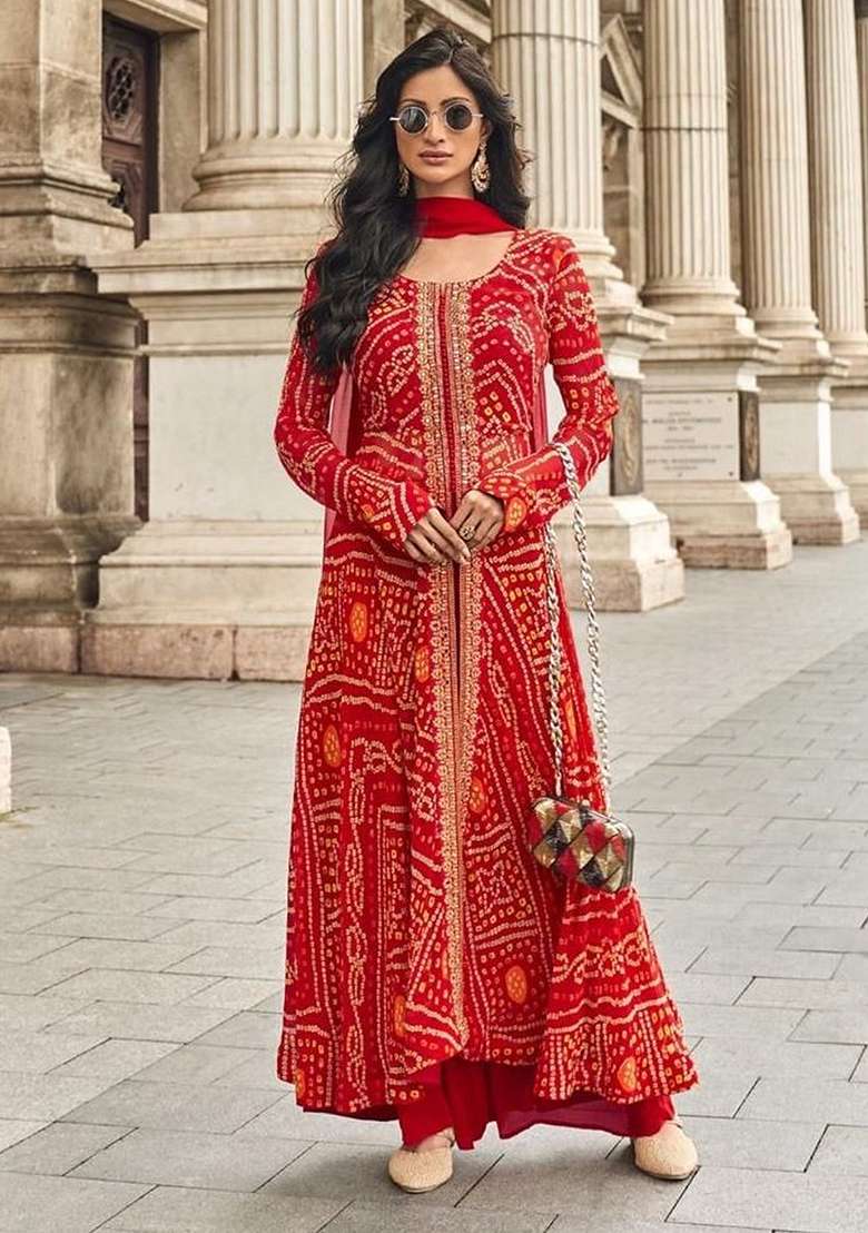 Red Embroidered Georgette Salwar Kameez - Indya