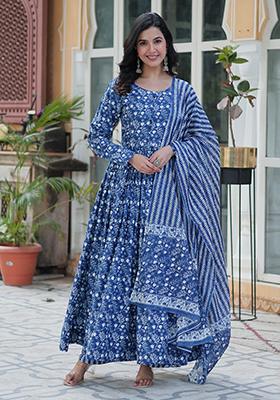 Blue Printed Cotton Salwar Kameez