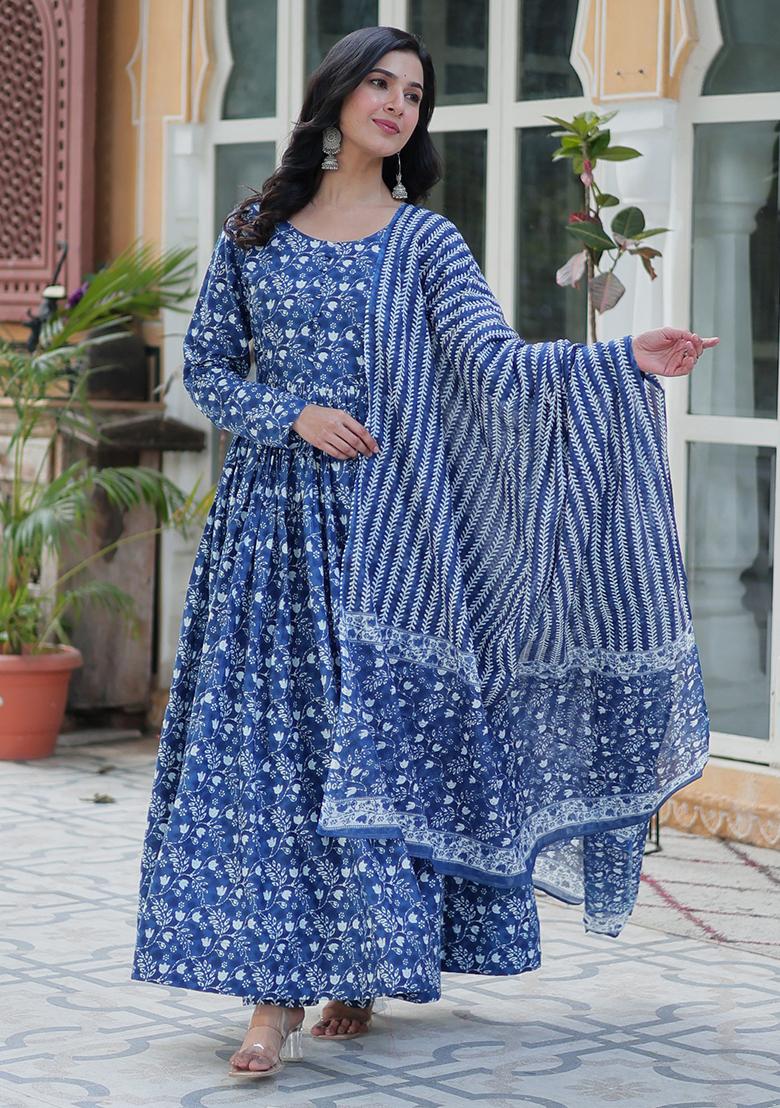 Blue Printed Cotton Salwar Kameez