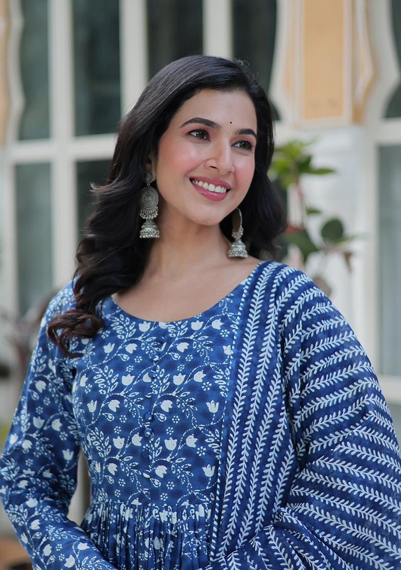 Blue Printed Cotton Salwar Kameez