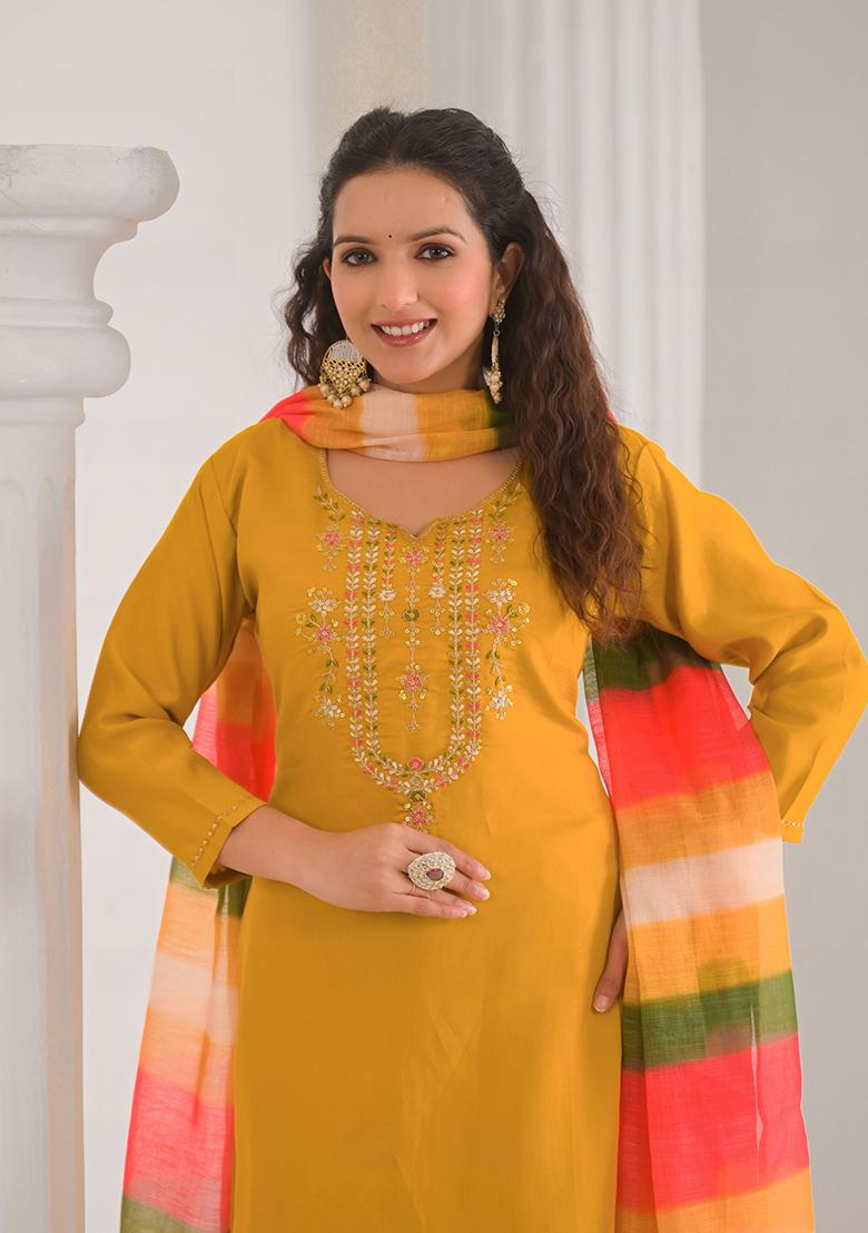 Mustard Embroidered Viscose Salwar Kameez