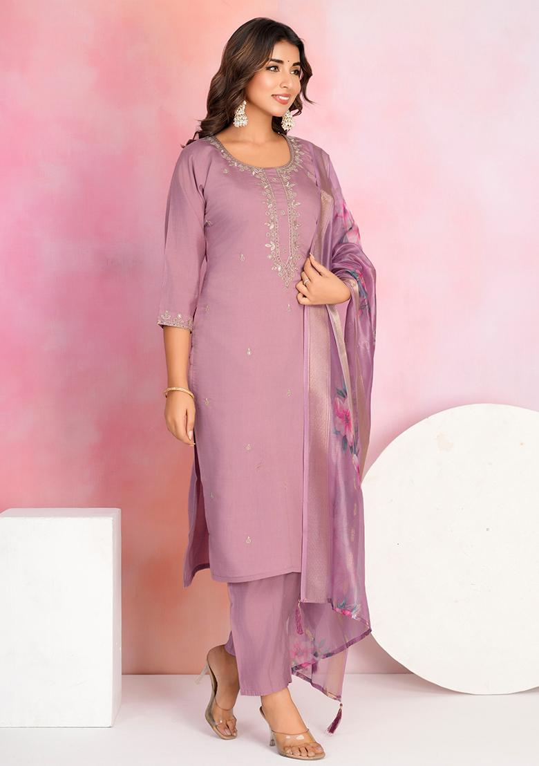 Lavender Embroidered Viscose Salwar Kameez