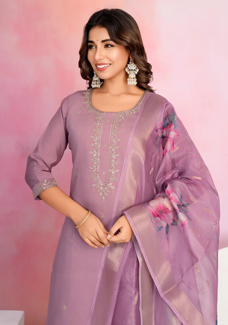 Lavender Embroidered Viscose Salwar Kameez