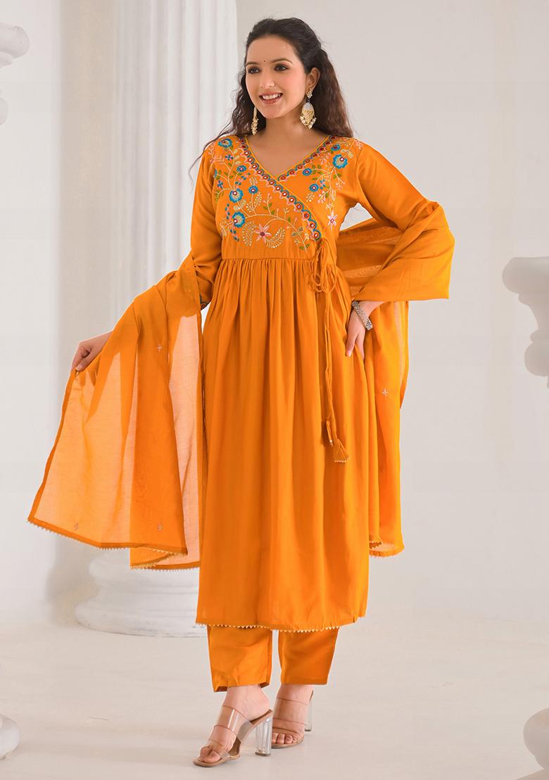 Orange Embroidered Viscose Salwar Kameez