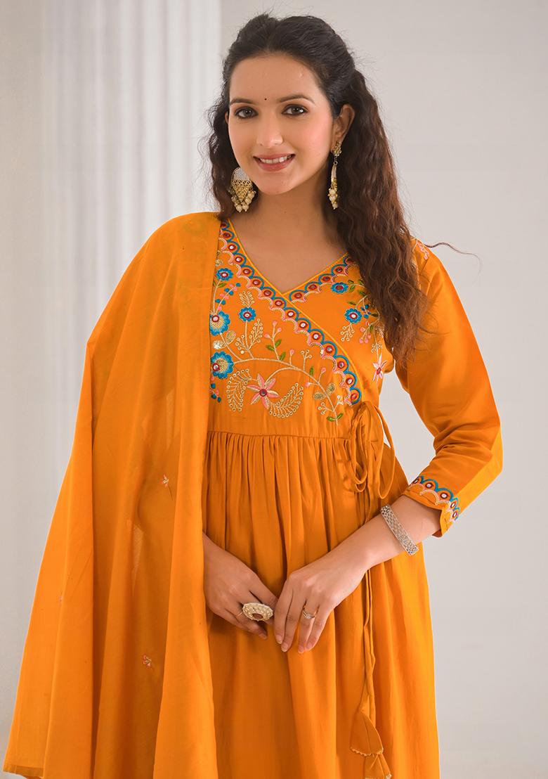 Orange Embroidered Viscose Salwar Kameez