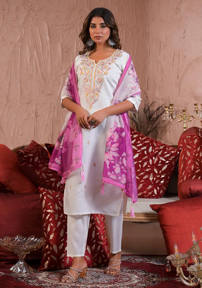 White Embroidered Viscose Salwar Kameez