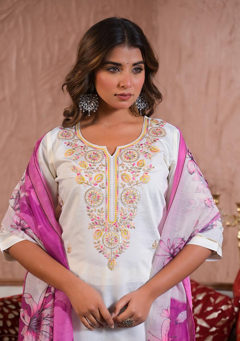 White Embroidered Viscose Salwar Kameez