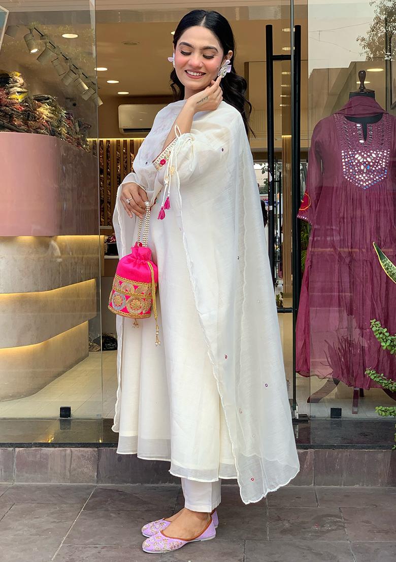 Off White Embroidered Chanderi Salwar Kameez