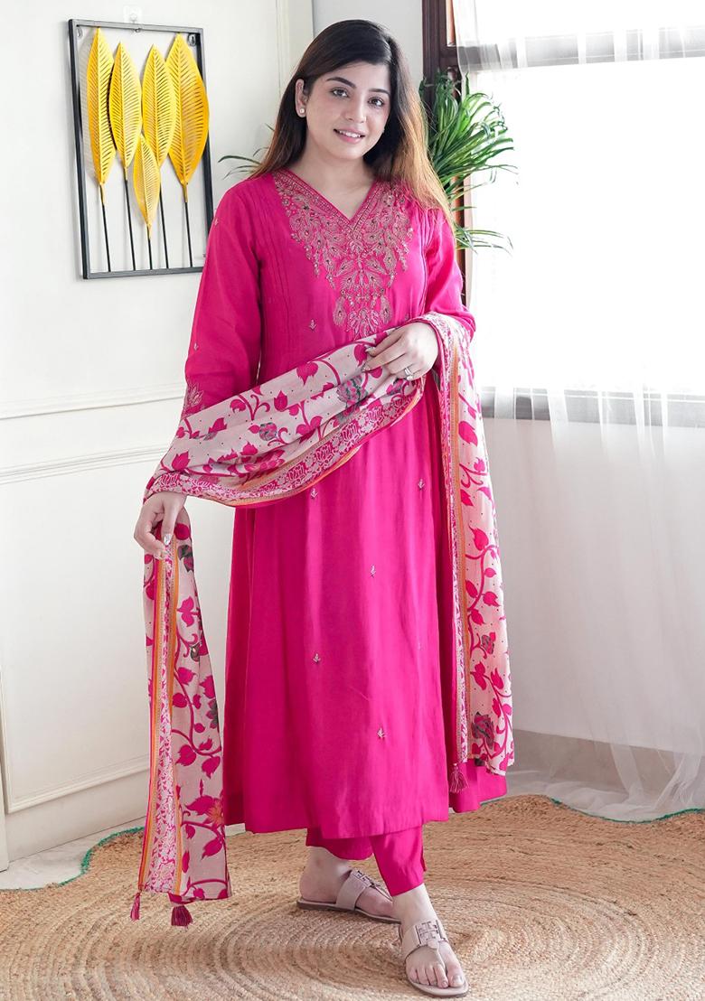 Rani Pink Embroidered Chanderi Salwar Kameez