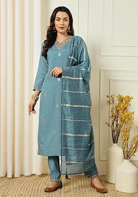 Aqua Blue Embroidered Chanderi Salwar Kameez