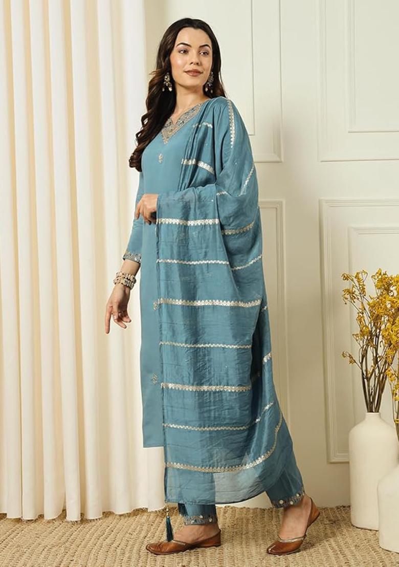 Aqua Blue Embroidered Chanderi Salwar Kameez