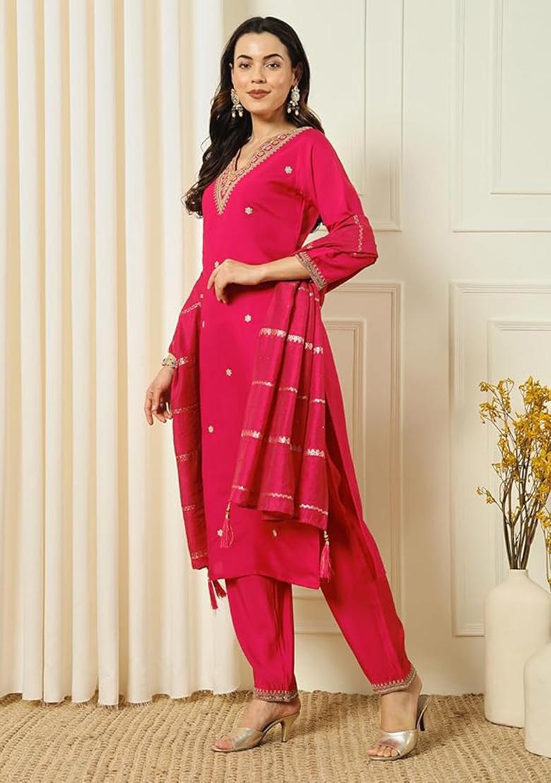 Red Embroidered Chanderi Salwar Kameez