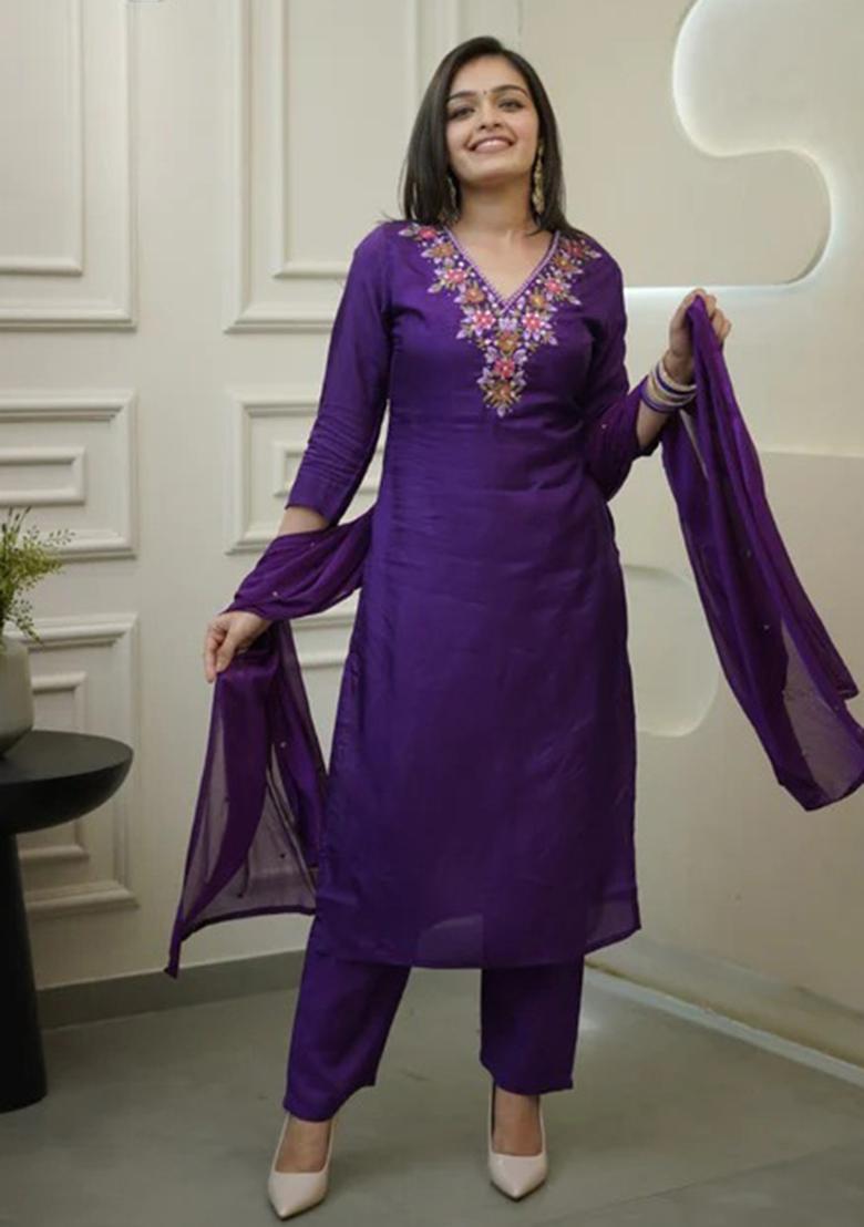 Purple Embroidered Silk Salwar Kameez