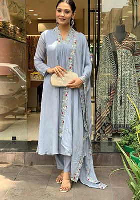 Light Grey Embroidered Chinnon Salwar Kameez