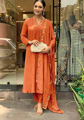 Rust Brown Embroidered Chinnon Salwar Kameez