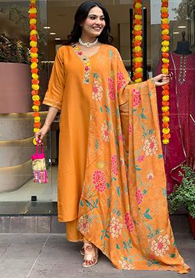 Orange Embroidered Viscose  Salwar Kameez