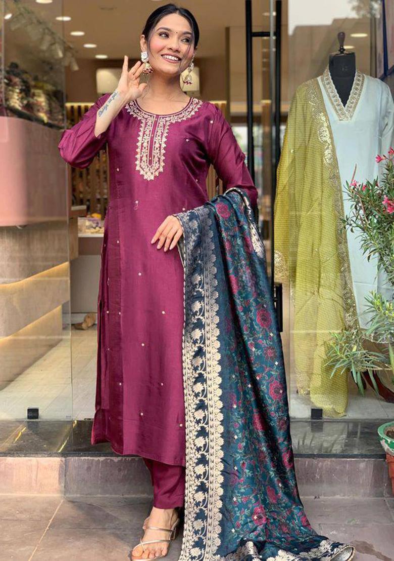 Magenta Embroidered Viscose  Salwar Kameez