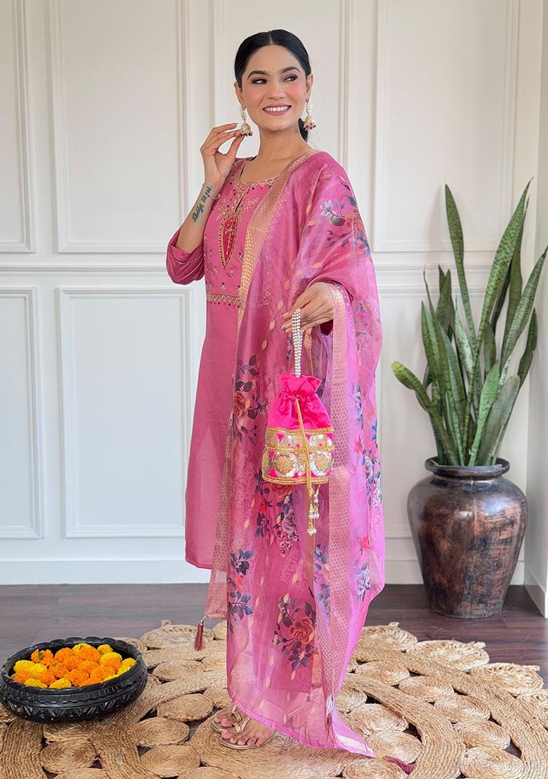 Light Pink Embroidered Chanderi Salwar Kameez