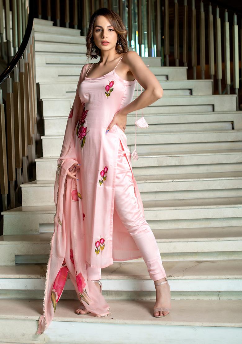 Light Peach Printed Crepe Salwar Kameez