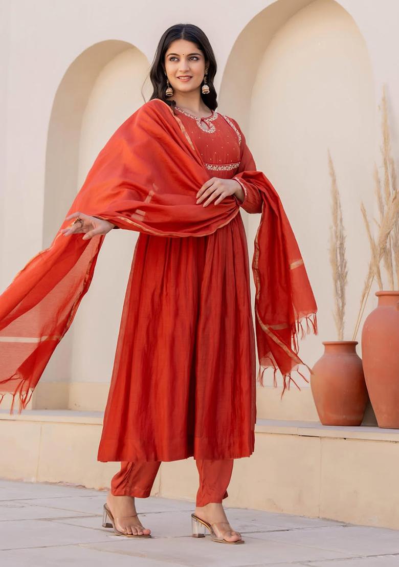 Orange Embroidered Viscose  Salwar Kameez