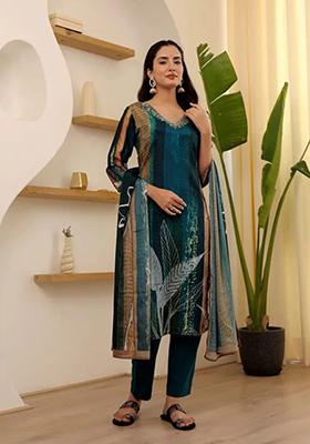 Teal Blue Embroidered Rayon Salwar Kameez