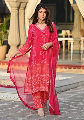 Red Embroidered Chinnon Salwar Kameez
