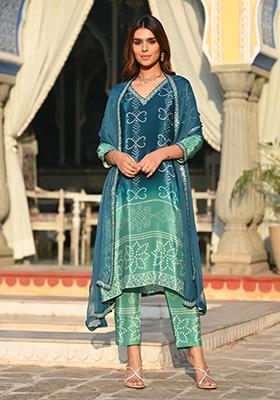 Teal Blue Embroidered Chinnon Salwar Kameez