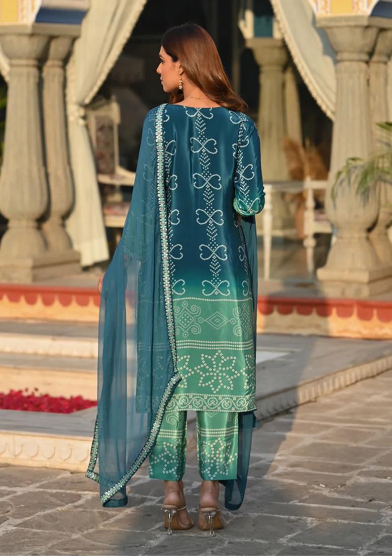 Teal Blue Embroidered Chinnon Salwar Kameez