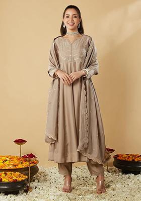 Light Brown Embroidered Silk Salwar Kameez