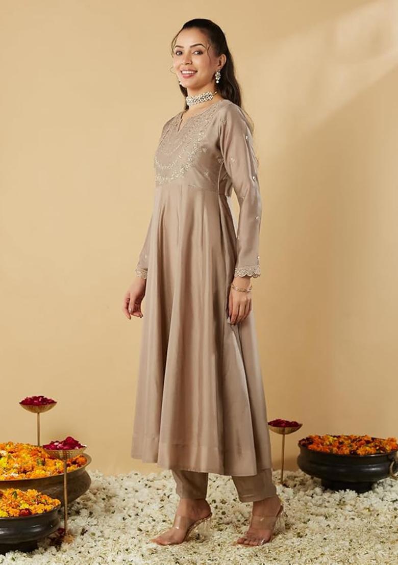 Light Brown Embroidered Silk Salwar Kameez