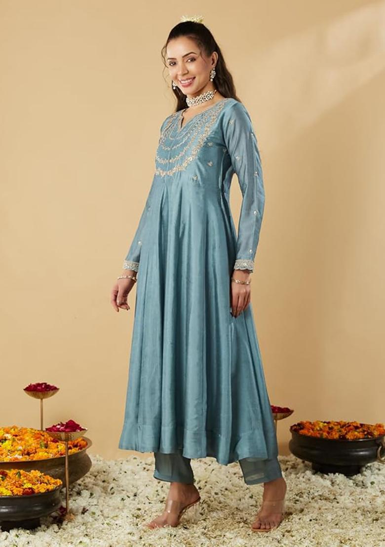 Light Teal Blue Embroidered Silk Salwar Kameez