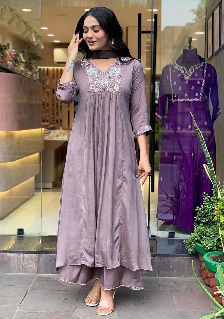 Lilac Embroidered Chinnon Salwar Kameez