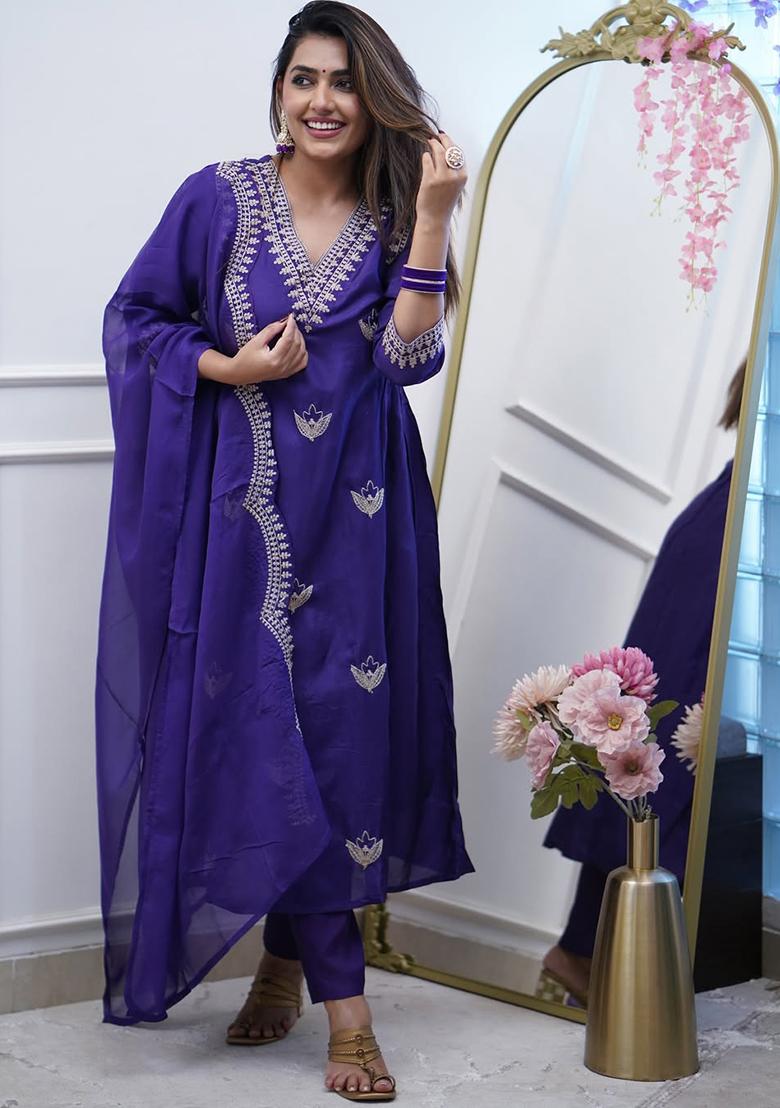 Purple Embroidered Chanderi Salwar Kameez