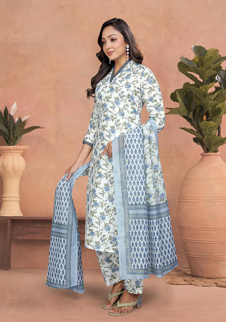 Light Blue Printed Chanderi Salwar Kameez