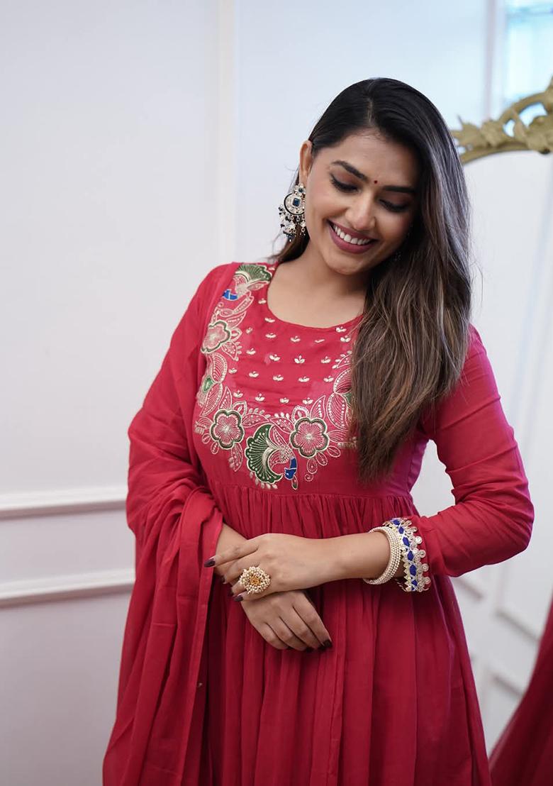 Red Embroidered Chinnon Salwar Kameez