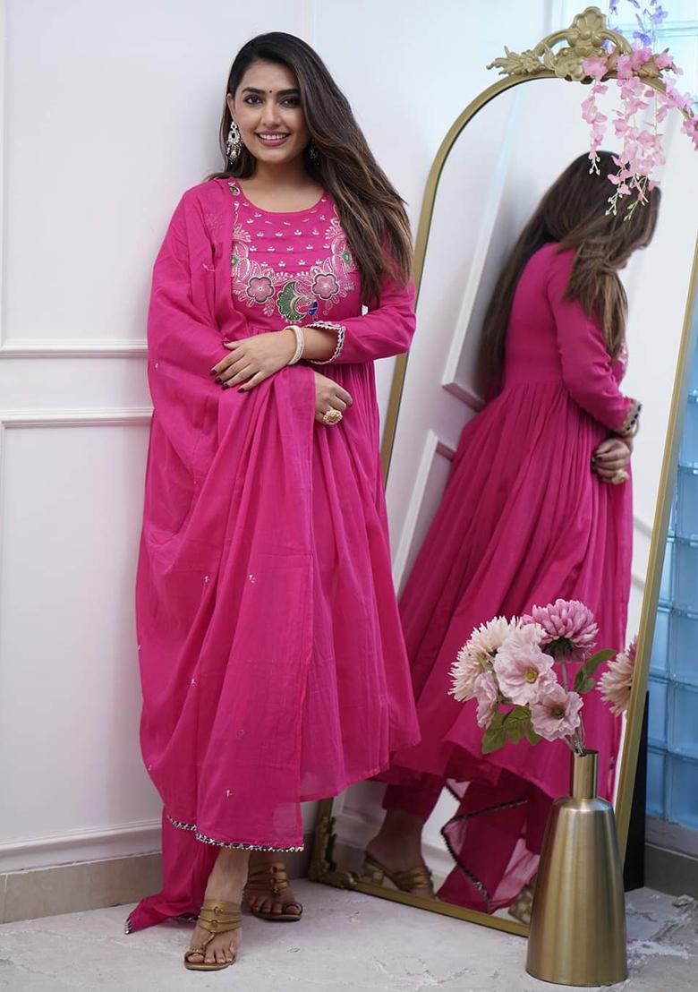 Rani Pink Embroidered Chinnon Salwar Kameez