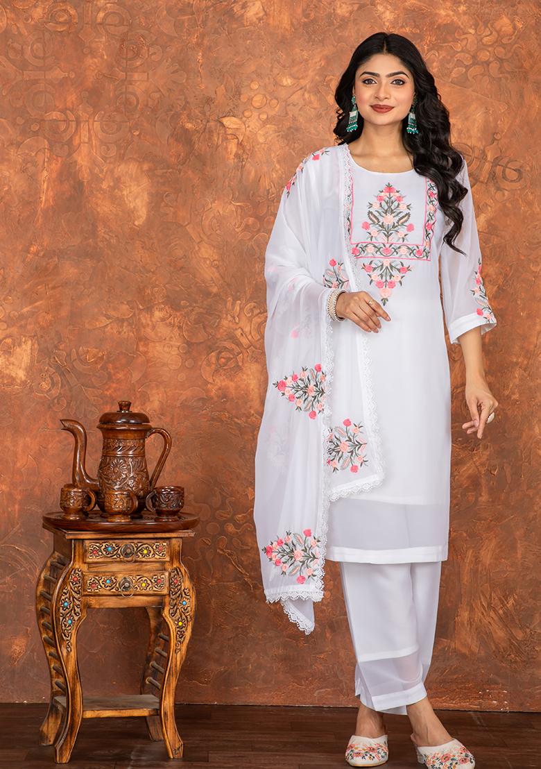 White Embroidered Georgette Salwar Kameez