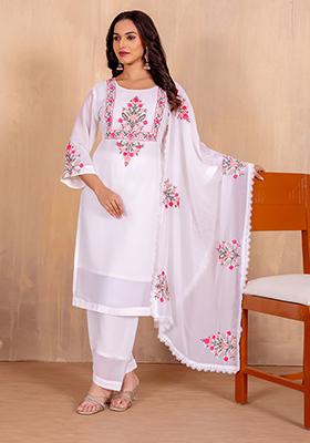 Off White Embroidered Georgette Salwar Kameez