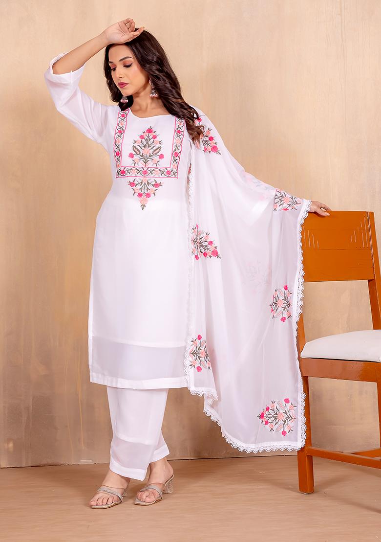 Off White Embroidered Georgette Salwar Kameez