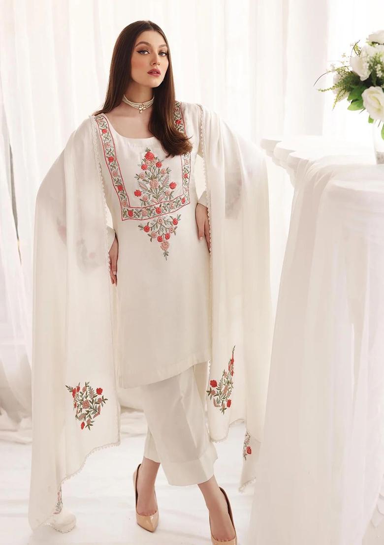 White Embroidered Georgette Salwar Kameez