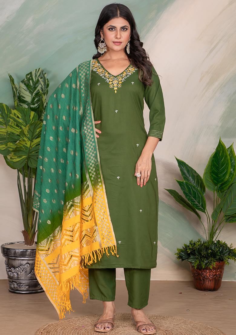 Mehendi Green Embroidered Silk Salwar Kameez