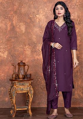 Wine Embroidered Silk Salwar Kameez