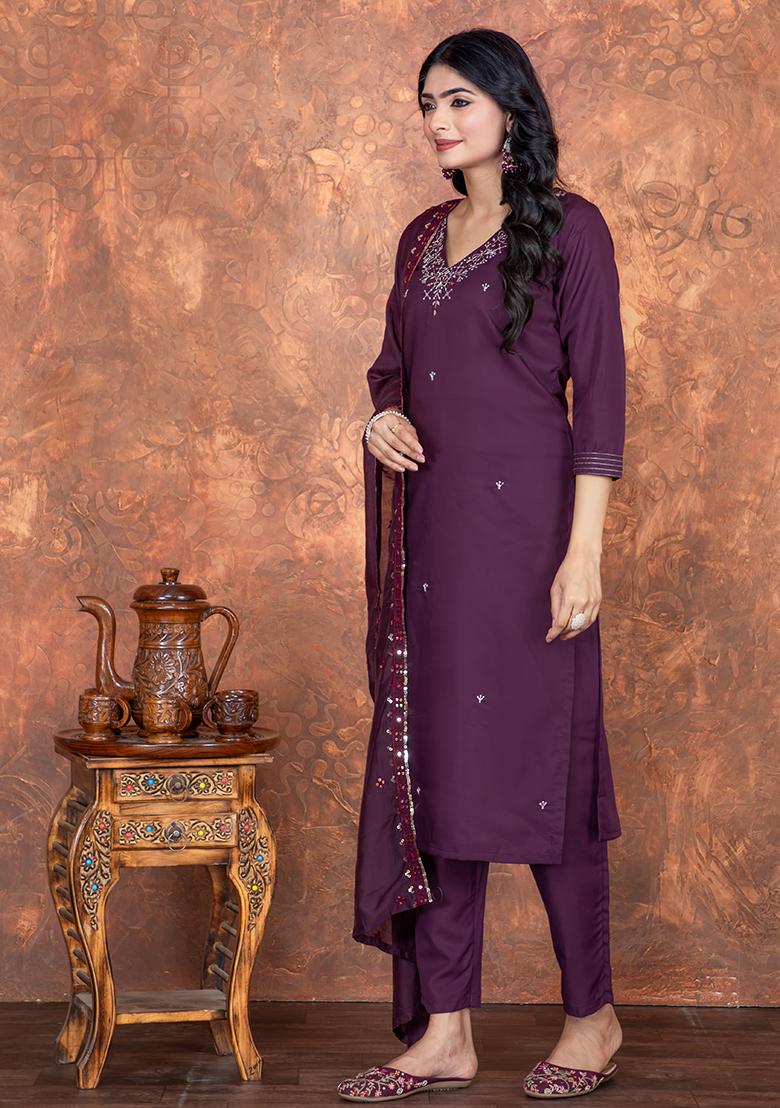 Wine Embroidered Silk Salwar Kameez